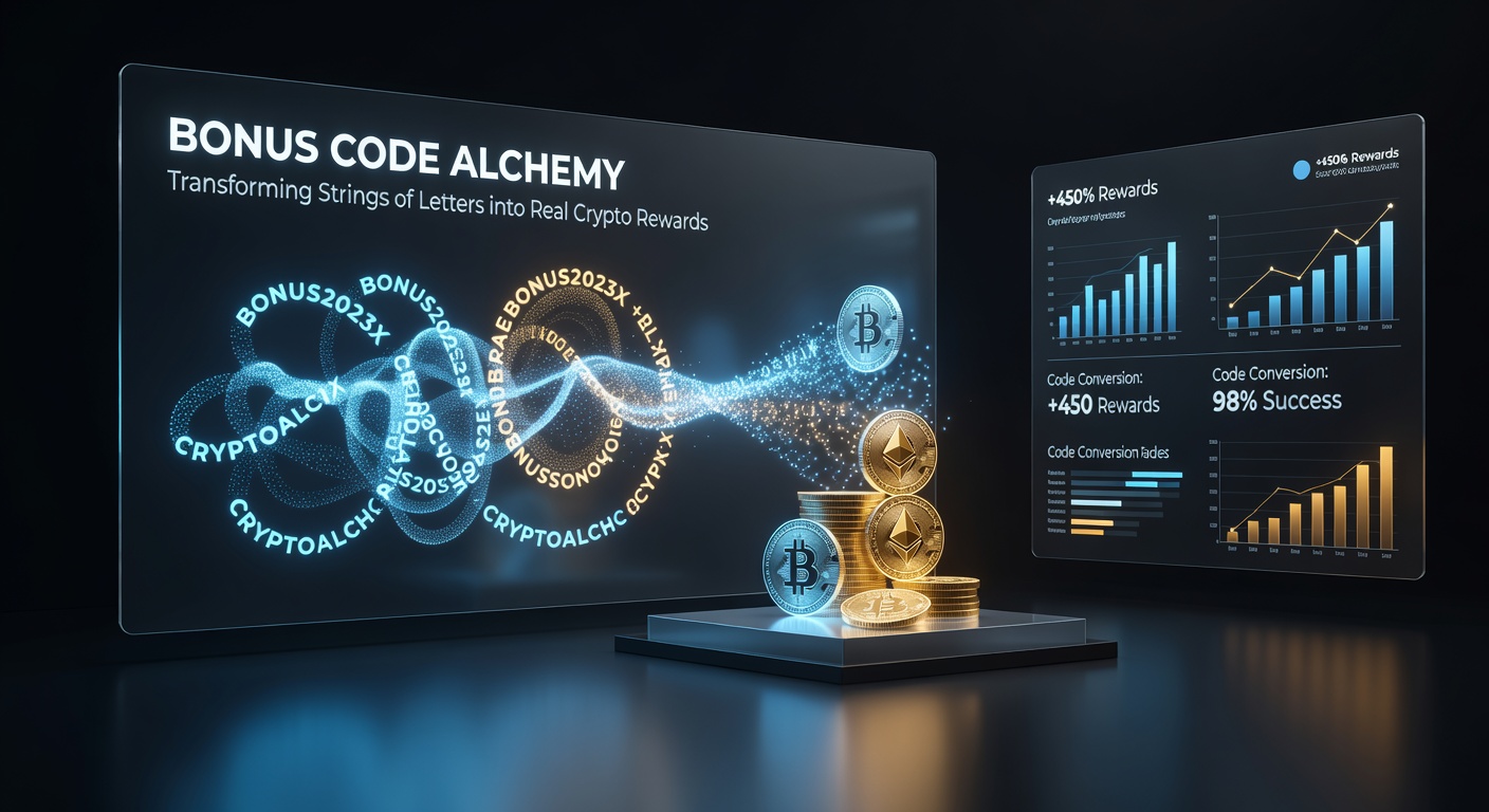 Nahaufnahme einer Blockchain-Wallet mit einströmenden Crypto-Belohnungen aus Bonus-Codes, umgeben von leuchtenden Code-Schnipseln
