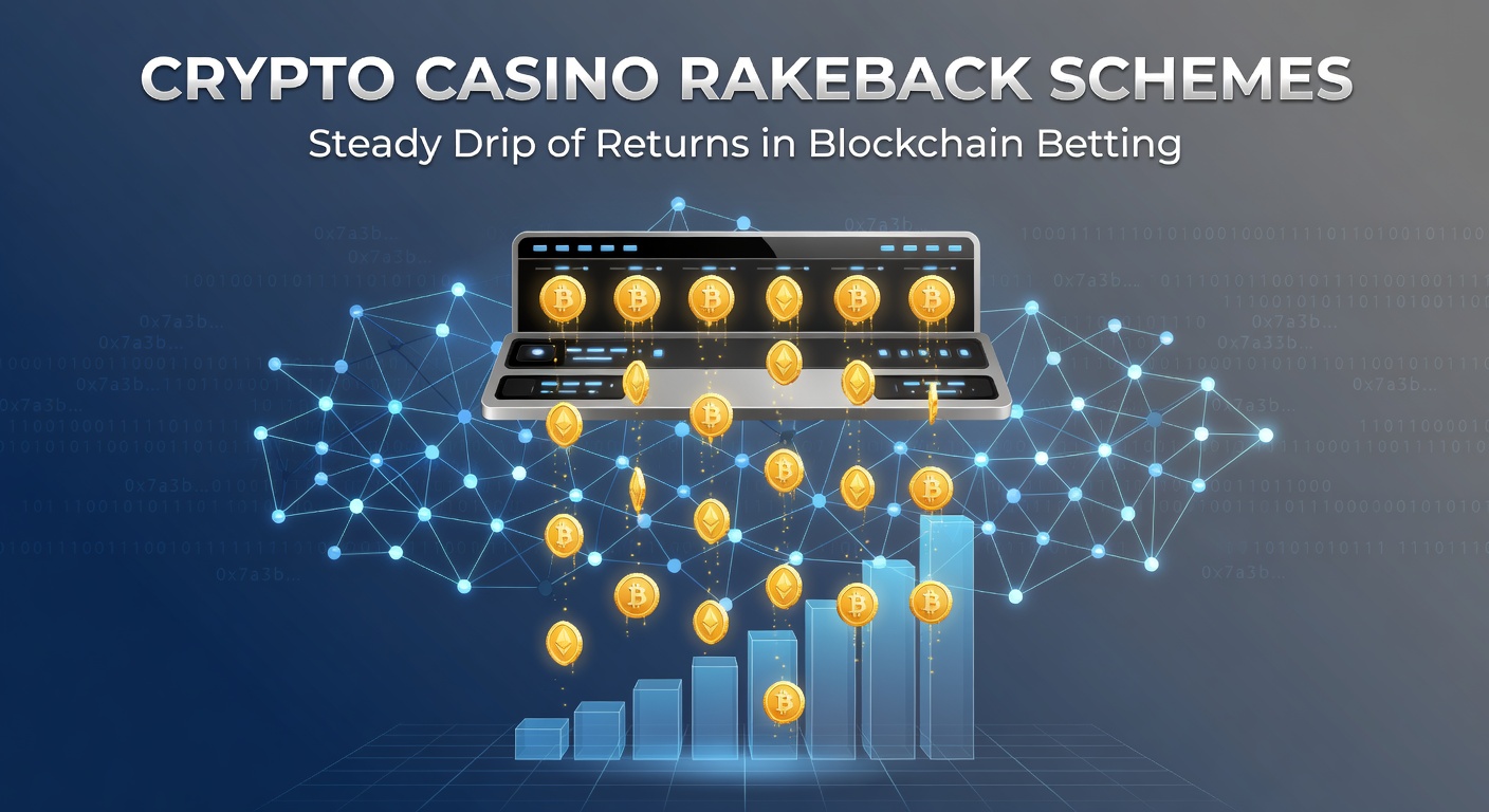 Grafische Darstellung eines Rakeback-Systems in einem Krypto-Casino mit Blockchain-Elementen und wachsenden Renditekurven