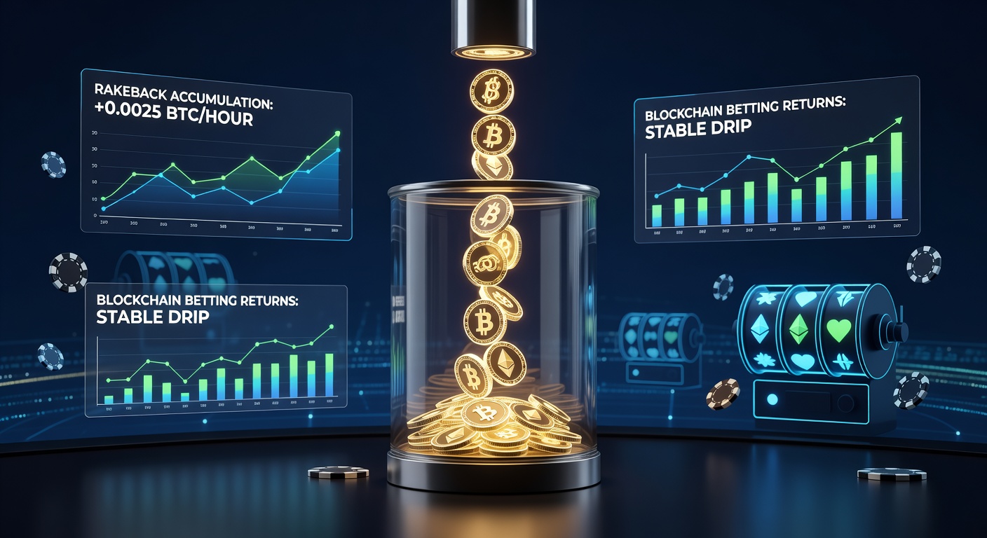 Vergleichstabelle von Rakeback-Renditen in Krypto- vs. Fiat-Casinos mit Blockchain-Symbolen und Prozentwerten