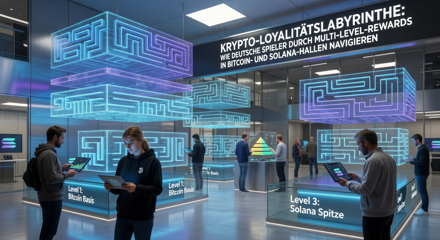 Grafik eines verzweigten Labyrins aus goldenen Kryptomünzen mit Bitcoin- und Solana-Symbolen, die Wege zu Belohnungsstufen darstellen