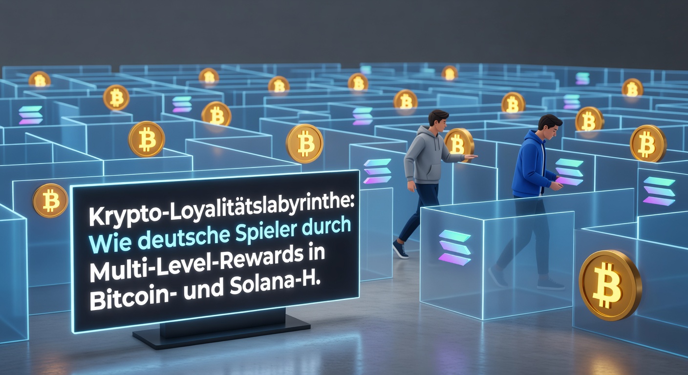 Detaillierte Darstellung eines digitalen Labyrins mit Solana- und Bitcoin-Pfaden, Stufenleiter mit Belohnungskisten und deutschen Flaggen als Markierungen
