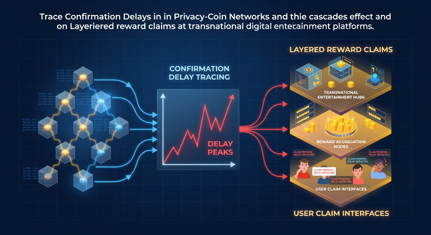 Netzwerkdiagramm mit Privacy-Coin-Transaktionen und Bestätigungsverzögerungen auf transnationalen Plattformen