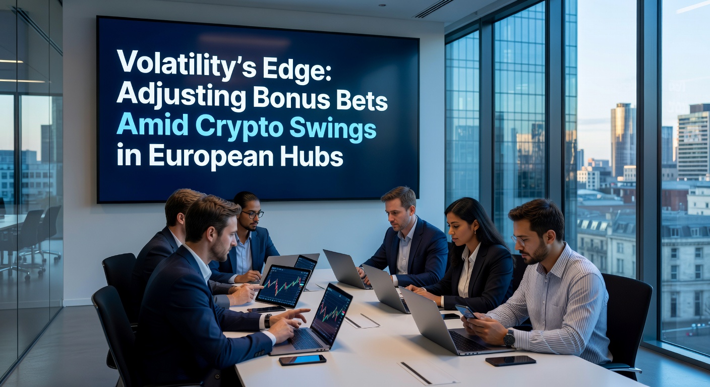 Darstellung von Tradern und Casino-Symbolen vor einem Chart mit Krypto-Volatilität in Europa